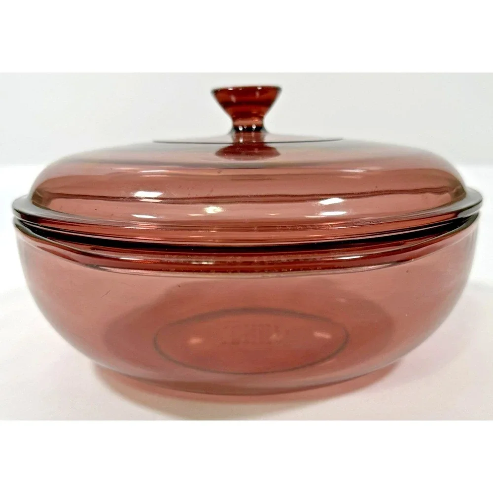 Pyrex Casserole Dish 2qt Cranberry Plum Glass Round Lid 024 Vintage USA